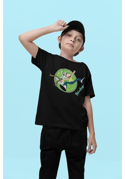 Sevbano Rick And Morty Baskılı Unisex Çizgi Film Çocuk Tişört 1-12 Yaş SIYAH