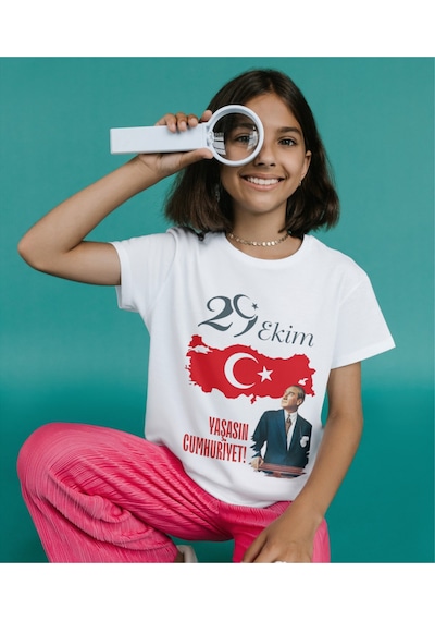 Alpşan Ticaret 29 Ekim Cumhuriyet Bayramı Atatürk İmzalı Türk Bayrağı Baskılı Unisex Çocuk Kadın Erkek Tişört Beyaz