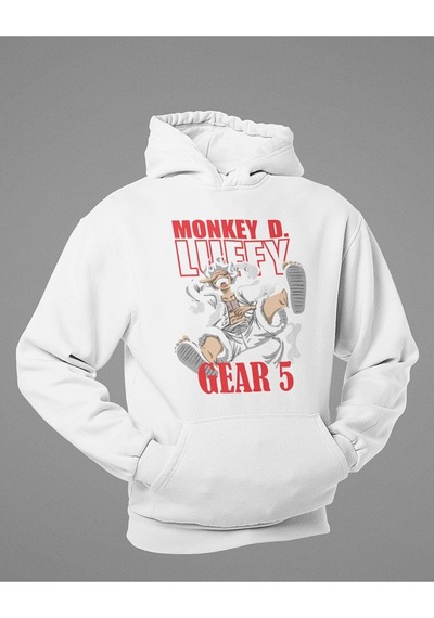 Monkey D. Luffy Gear 5 Baskılı Unisex Oversize Anime Hoodie Beyaz