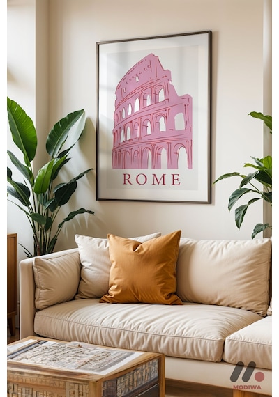 Roma Kolezyum Pembe Poster, Siyah Çerçeveli Duvar Tablosu - Motivasyon Hediyesi