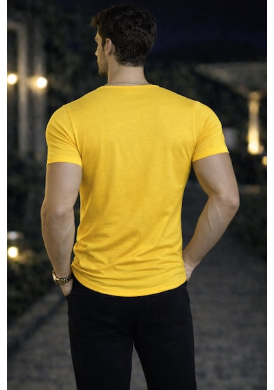 Bybülent Erkek Oval Yaka Tişört Açık Yaka Likralı Slim Fit T-shirt Sarı