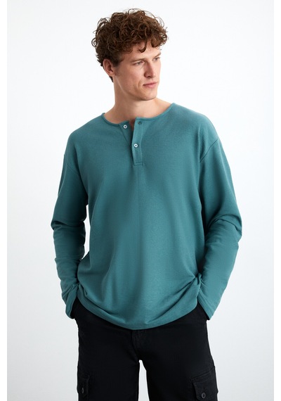 Lorenzo Erkek Özel Rustik Dokulu %100 Organik Pamuk Düğme Detaylı Regular Yeşil Sweatshirt