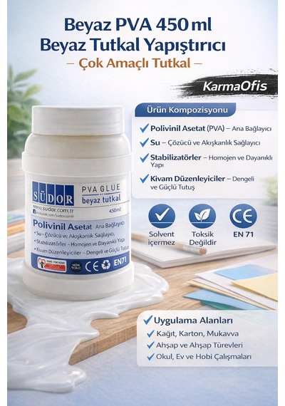 Beyaz Pva Tutkal 450 Ml Çok Amaçlı, Toksik İçermez, Güçlü Yapıştırıcı