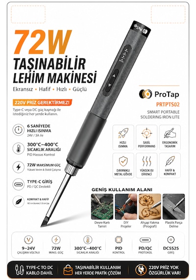 Protap Ts02 Lite 72w Taşınabilir Lehim Makinesi 300-400 C Pıd Isı Kontrollü Type-c Giriş 6 Saniyede Isınma
