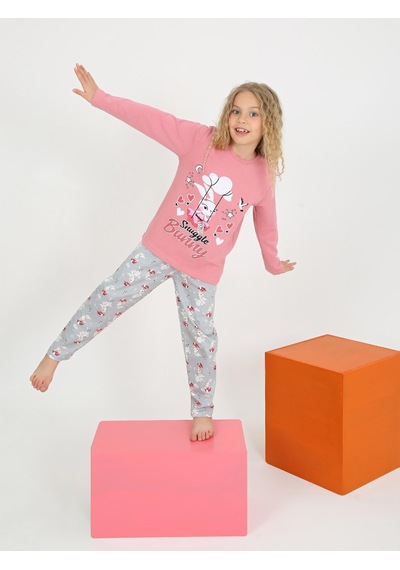 Kız Çocuk Uzun Kollu %100 Pamuklu Pijama Takımı Snuggle Bunny Gül
