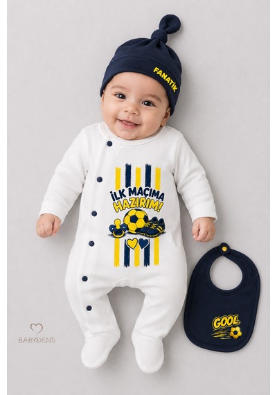Babyden's Bebek 3 Lü Tulum Seti Sarı Lacivert Taraftar Temalı İlk Maçıma Hazırım Baskılı Yenidoğan Tulum Bere Önlük %100 Pamuk