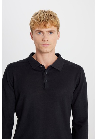 AC&Co / Altınyıldız Classics Erkek Sıyah Yünlü Standart Fit Normal Kesim Polo Yaka Triko Kazak SIYAH