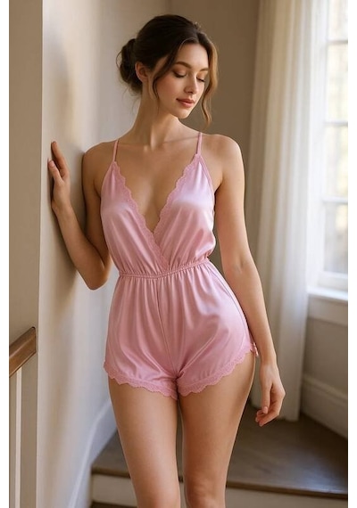 İntive Lingerie Kadın Pembe Saten Dantelli Şortlu Gecelik/tulum