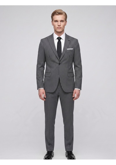 Tk6890 Erkek Çizgili Takım Elbise Slim Fit Modern Kesim Şık Klasik Ceket Pantolon Takım Antrasit