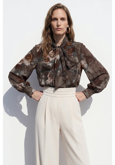 Sateen Fularlı Desenli Gömlek - Kahve-137419