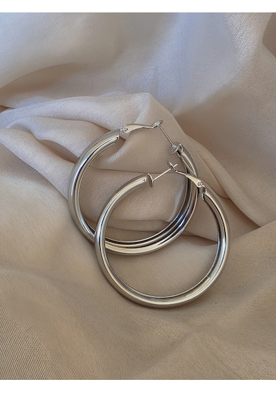 Halka Model Silver Renk Çelik Küpe 5cm Gümüş