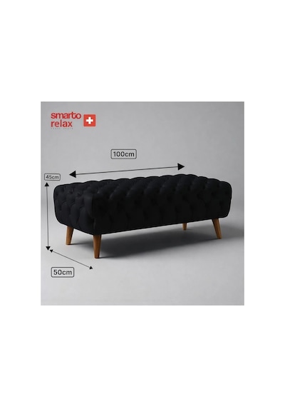 Smarto Relax Swiss Style Puf Adelboden Kapitone Puf,baby Face Polyester Kaplama,ahşap Ayaklı 100x50x45 Cm Kapitone Puf,ayaklı Siyah