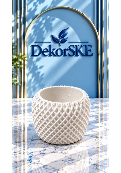 Dekorske - Taş Tozu Geometrik Saksı Ve Mumluk - 6,5x7 Cm 2 Adet - El Yapımı Dekoratif Mini Saksı Ve Çok Amaçlı Ev Dekoru Beyaz