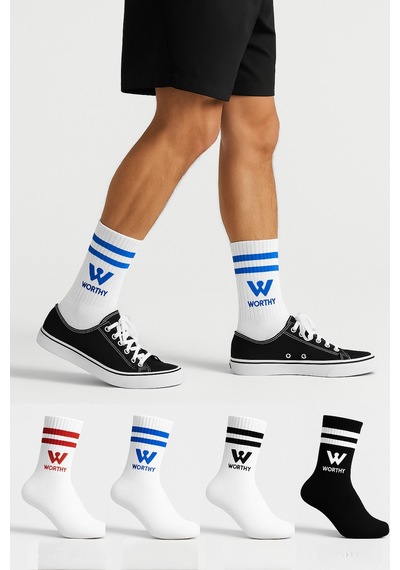 Worthy Socks Pamuklu Worthy Desenli Ve Çizgili Spor Kolej Çorap 4'lü Paket Beyaz
