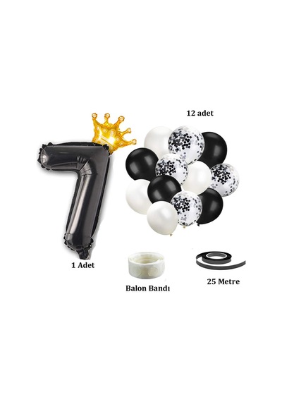 7 Rakam Siyah Folyo Balon, Kral Tacı Ve Konfetili Siyah Balon Set