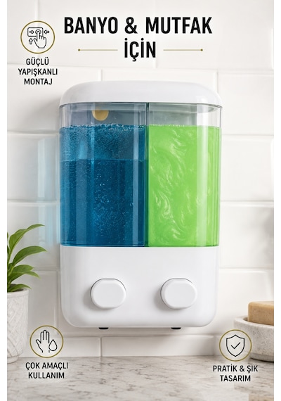 Mainshop 1 Adet Yapışkanlı Duvara Monte Mutfak Manuel Sıvı Sabunluk Çift Bölmeli 1000 Ml Doldurulabilir M-55 Beyaz