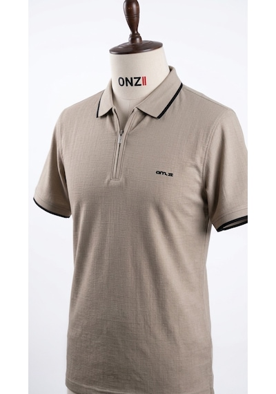 Onz Erkek Keten Dokulu Yarım Fermuarlı Polo Tişört Açık Bej