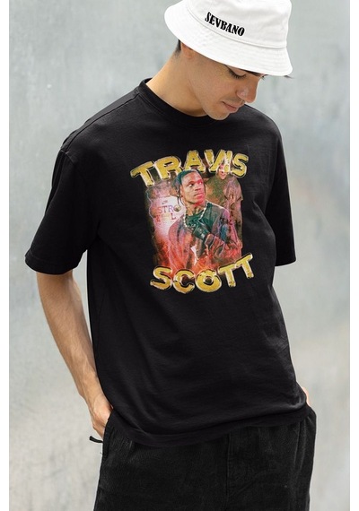 Travis Scott Rapper Baskılı Unisex Oversize Tişört Siyah