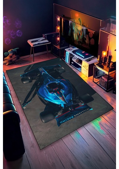 Formula 1 Gece Mavi Yarış Arabası Halı Kaymaz Taban Yıkanabilir Premium Halı F1.6