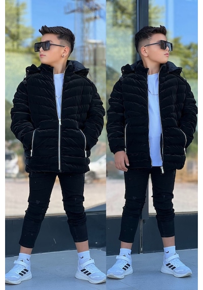 Pina Kids Erkek Çocuk Çıkarılabilir Kapüşonlu Sık Dikişli Nova Kumaş Kışlık Şişme Mont Km4016 Siyah