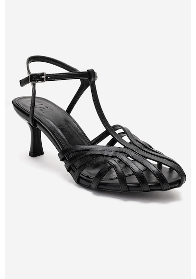 Luvishoes Luvi Shoes Felip Siyah Cilt Bantlı Kadın Kısa Topuklu Ayakkabı Siyah