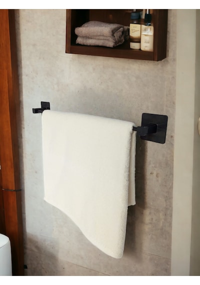 Yapışkanlı Banyo Aksesuar Seti, Siyah, Düz Havluluk, Tuvalet Kağıtlığı Siyah