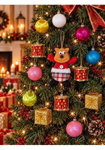 Ers 13 Parça Yılbaşı Ağacı Süs Seti Renkli Top Davul Hediye Paketi Geyik Figürlü Noel Yılbaşı Ağacı Süsü Diğer