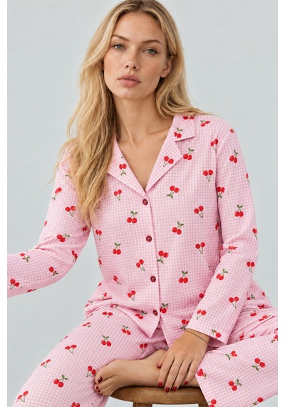 Fit Women Kadın Kiraz Desenli Pötikare Pembe Pijama Takımı 4793