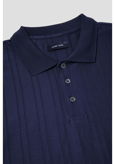 Düğmeli Jakar Desenli Polo Yaka Erkek T-shirt Lacivert Lacivert