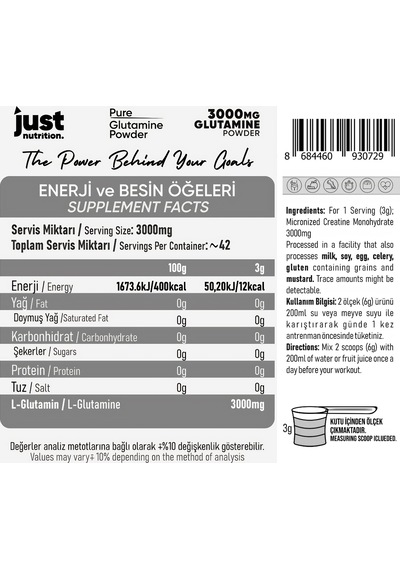 Just Nutrition L-glutamine 126 Gr Glutamin 42 Servis + Shaker + Protein Kahve Hediyeli Aromasız