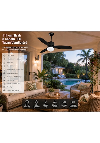 111 Cm Siyah 3 Kanatlı Led Tavan Vantilatörü 55 Watt Hız Ayarlı Modern Tasarım
