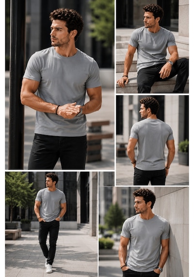 Luxıc Core Erkek Slim Fit Açık Gri Bisiklet Yaka Pamuk Penye Günlük Rahat Basic Tişört