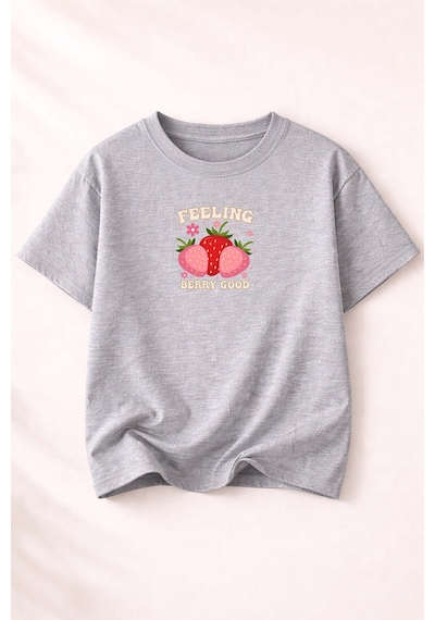 Herkesemoda Feelıng Baskı Detaylı Kadın Bisiklet Yaka Pamuklu T-shirt Gri