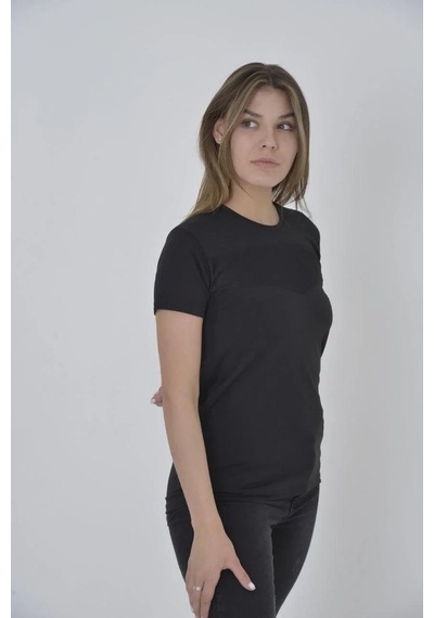 Kadın Gögüs Fileli T-shirt Kısa Kol Bisiklet Yaka Slimfit Tişört - Siyah Siyah