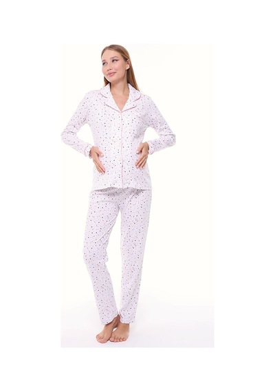 Likapa İnterlok Düğmeli Hamile Lohusa Uzun Kol Pijama Takımı 1354-01 Desenli - Pembe Biyeli