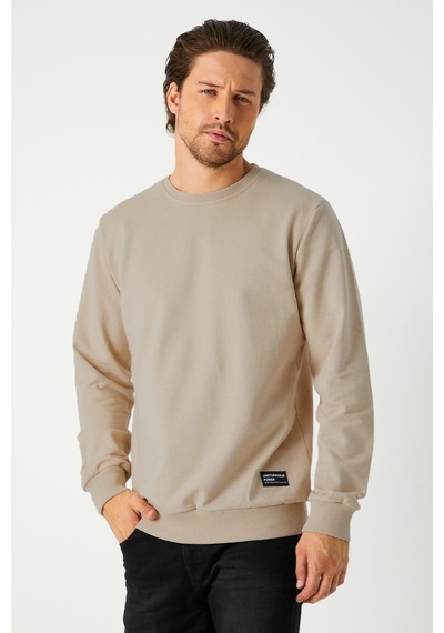 Mmetalic Erkek Basic Bisiklet Yaka Bej Weatshirt Bej