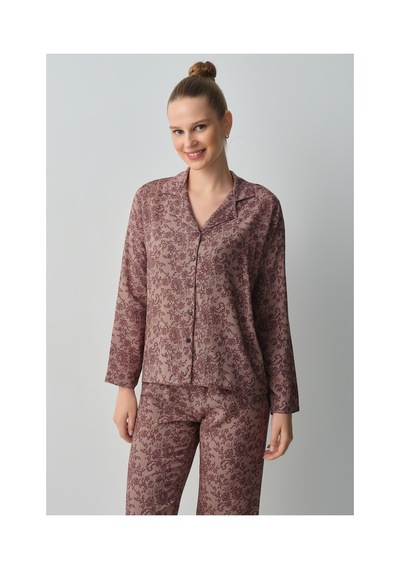 Suwen Lace Pijama Takımı Wsh10510086662 Bordo Desenli