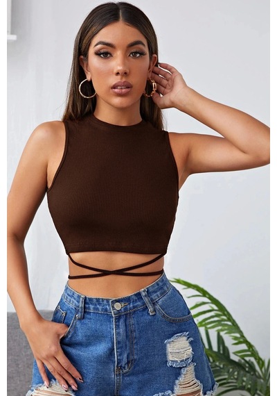 İmoda Kadın Kahverengi Çapraz Bağlamalı Crop Top Büstiyer Çok Renkli