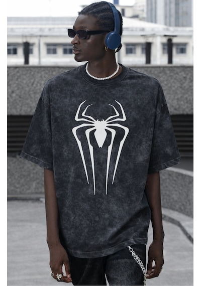 Tasarım Spider-man Logo Örümcek Adam Baskılı Unisex Oversize Vint Siyah