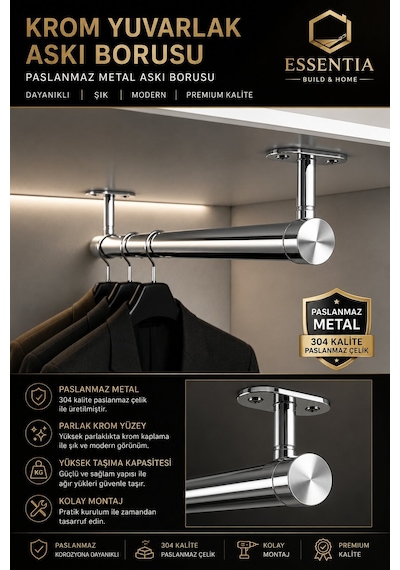 Krom Yuvarlak Askı Borusu Seti 65 Cm Paslanmaz Metal Dolap İçi Elbise Askılık Sistemi Çoklu Renk