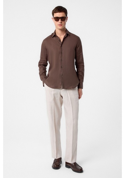 Antioch 100% Keten Comfort Fit Erkek Gömlek Kahve