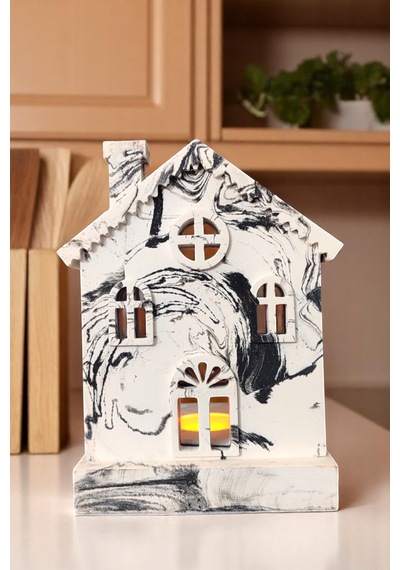 Meremer Desenli Dekoratif Tealight Mumluk - Ev Şeklinde Mumluk Tealight Mum Dahildir Beyaz -  Siyah