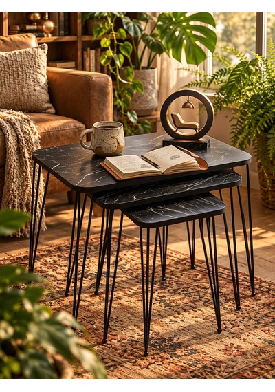 Odera Bendir Siyah Mermer Desenli Zigon Sehpa 3'lü Set Metal Tel Ayaklı Modern Retro Salon Sehpası Diğer