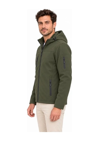 Rkm Ticaret Erkek Su Geçirmez Softshell İçi Polar Astarlı Çıkarılabilir Kapüşonlu 4 Cepli Mont Ceket - Haki