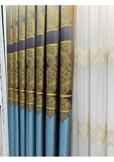 Nivemeshome Milas Turkuaz-gold 671539 1/3 Sık Pileli Fon Perde Apm Turkuaz-gold