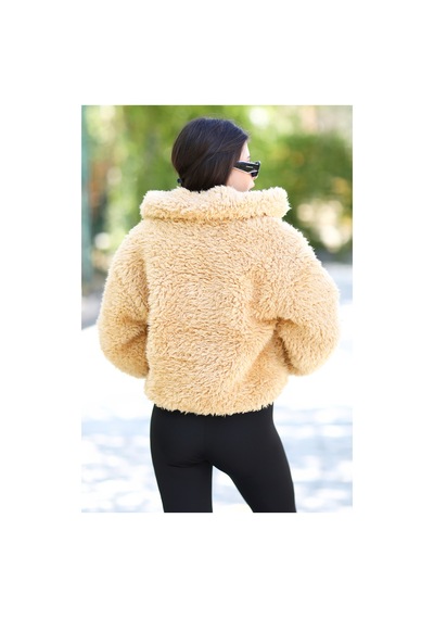Giysa Kadın Peluş Mont Sarı Çoban Düğmeli Kısa Kesim Yumuşak Dokulu - 8749 Camel