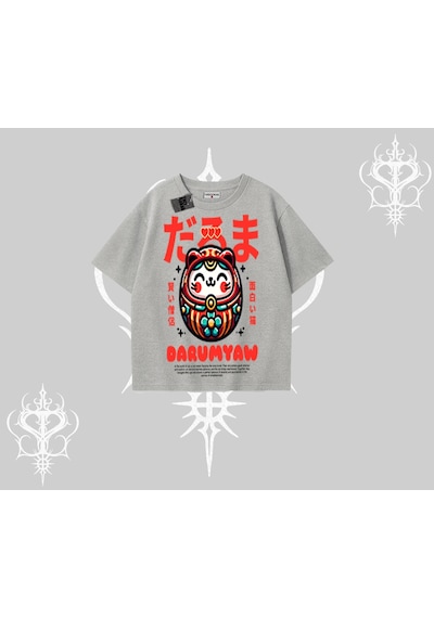 Tarzsokak Oversize Tshirt Daruma Kedi Anime Baskılı Gri