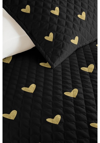 Siyah Kalpler Minimal Genç Odası Tek Kişilik Pike Takımı - Altın 160x220 Cm Kapitone Yatak Örtüsü Siyah