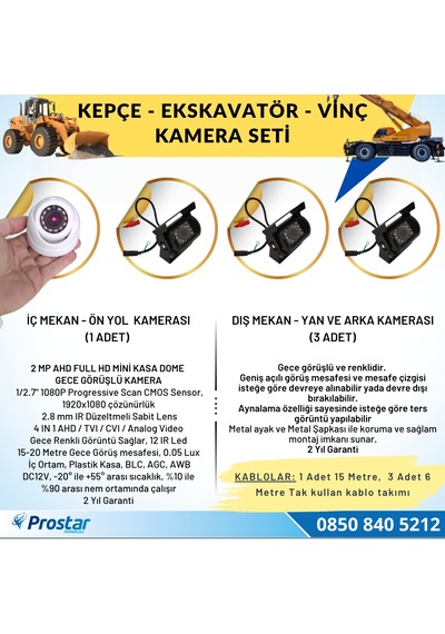 Ekskavatör Dozer Greyder Vinç Kepçe Uzaktan İzlemeli 4 Kameralı