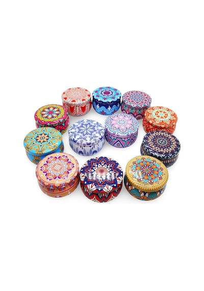 Mandala Desenli Metal Kutuda Büyük Boy Kokulu Mum Çok Renkli